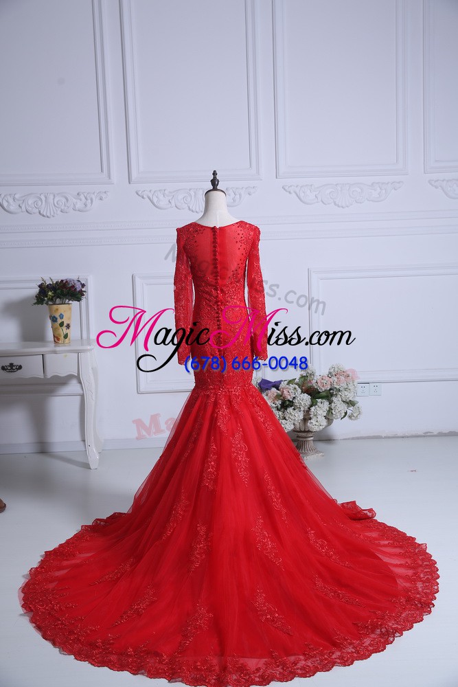 wholesale stunning scoop long sleeves mother of the bride dress court train lace red tulle