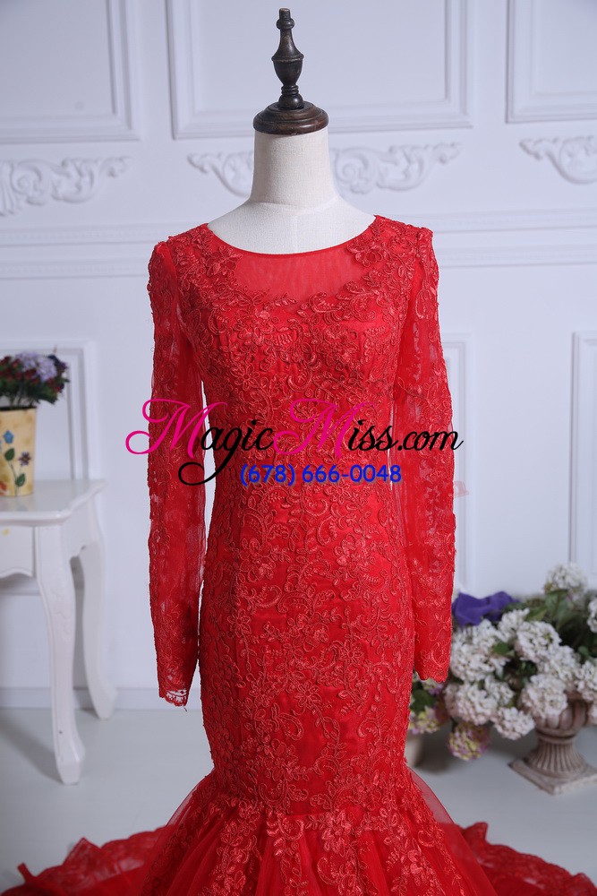 wholesale stunning scoop long sleeves mother of the bride dress court train lace red tulle