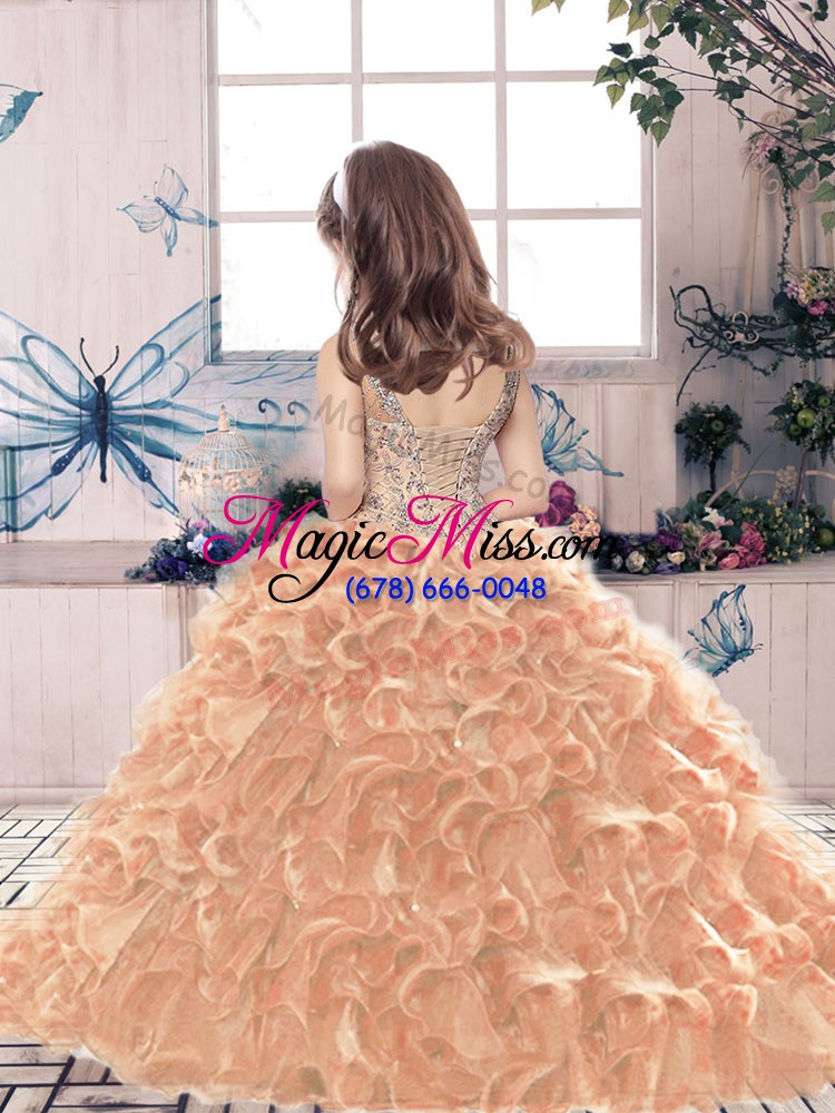 wholesale high quality olive green lace up girls pageant dresses beading and ruffles sleeveless floor length