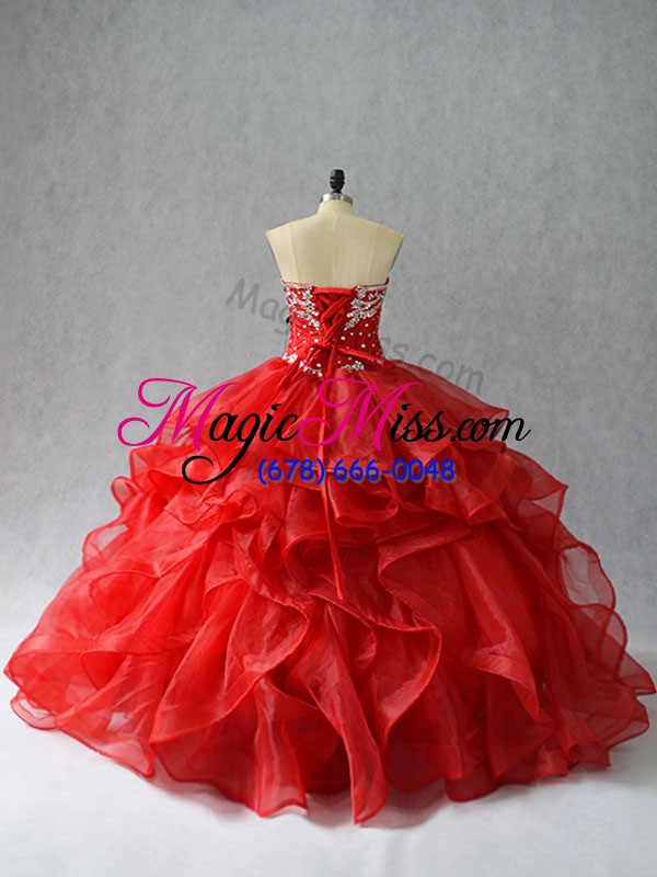 wholesale red organza lace up sweetheart sleeveless floor length quince ball gowns beading and ruffles