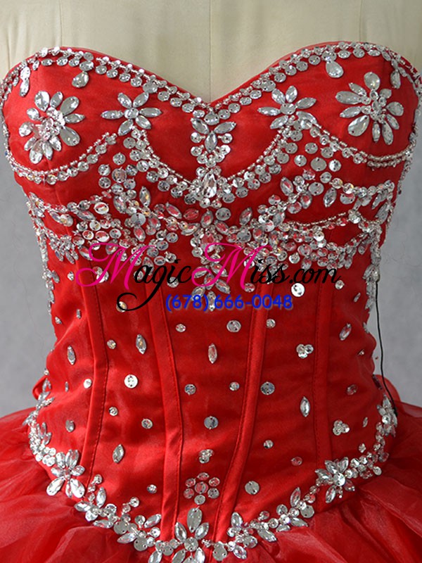 wholesale red organza lace up sweetheart sleeveless floor length quince ball gowns beading and ruffles