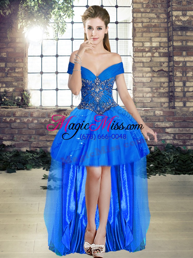 wholesale pretty royal blue tulle lace up quince ball gowns sleeveless floor length beading and ruffles