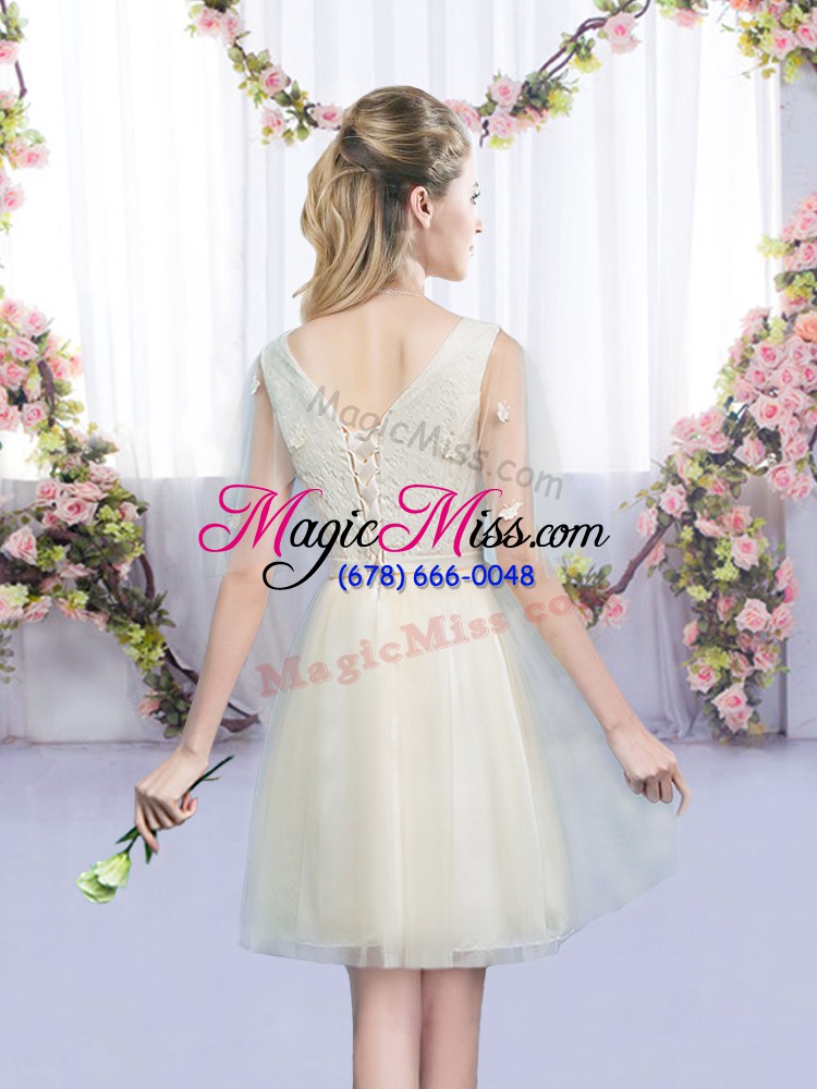 wholesale low price tulle sleeveless mini length dama dress for quinceanera and bowknot