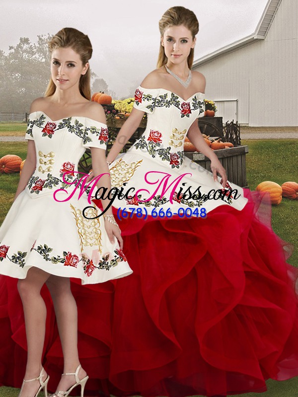 wholesale graceful white and red sleeveless tulle lace up sweet 16 dresses for military ball and sweet 16 and quinceanera