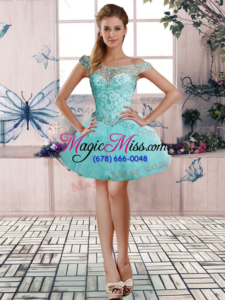 wholesale off the shoulder sleeveless tulle ball gown prom dress beading and ruffles lace up