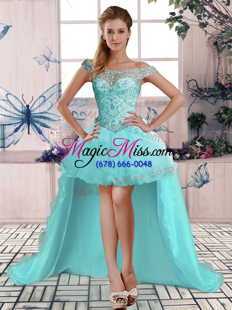 wholesale off the shoulder sleeveless tulle ball gown prom dress beading and ruffles lace up