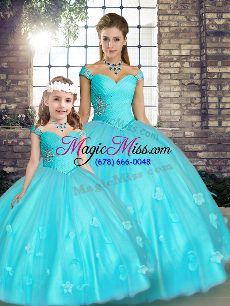 wholesale aqua blue ball gowns beading and appliques quince ball gowns lace up tulle sleeveless floor length