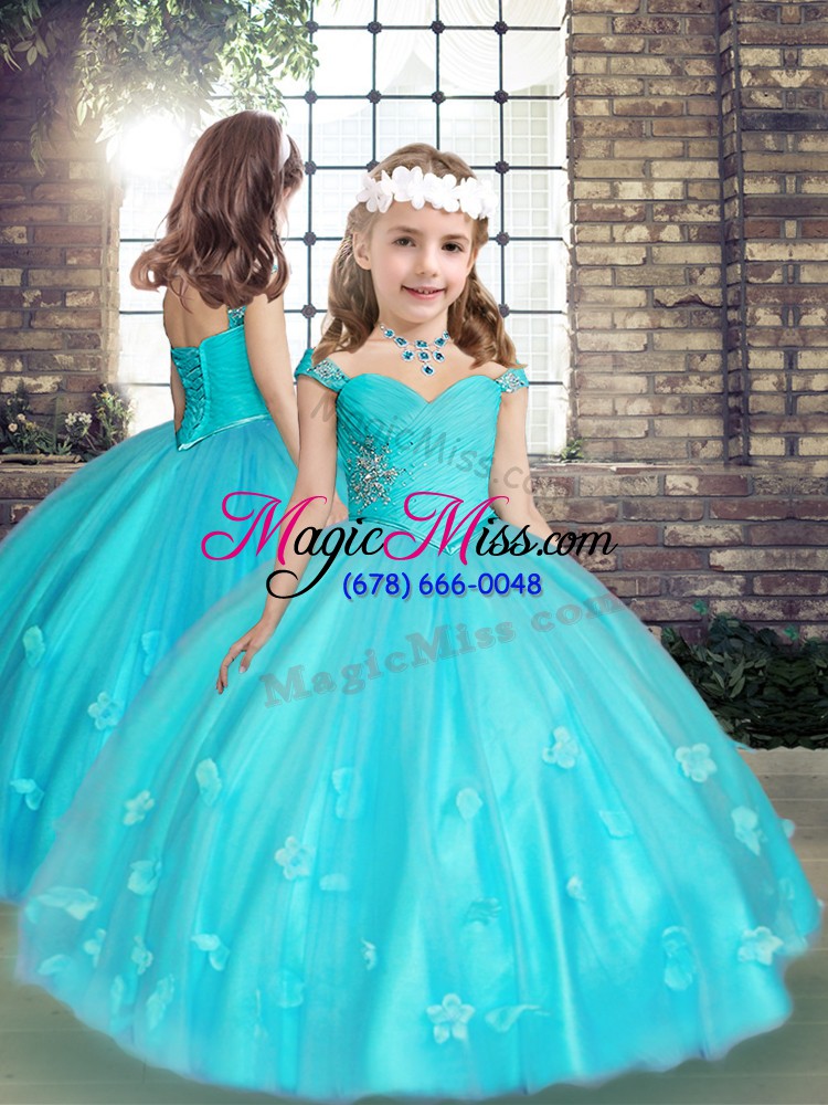 wholesale aqua blue ball gowns beading and appliques quince ball gowns lace up tulle sleeveless floor length