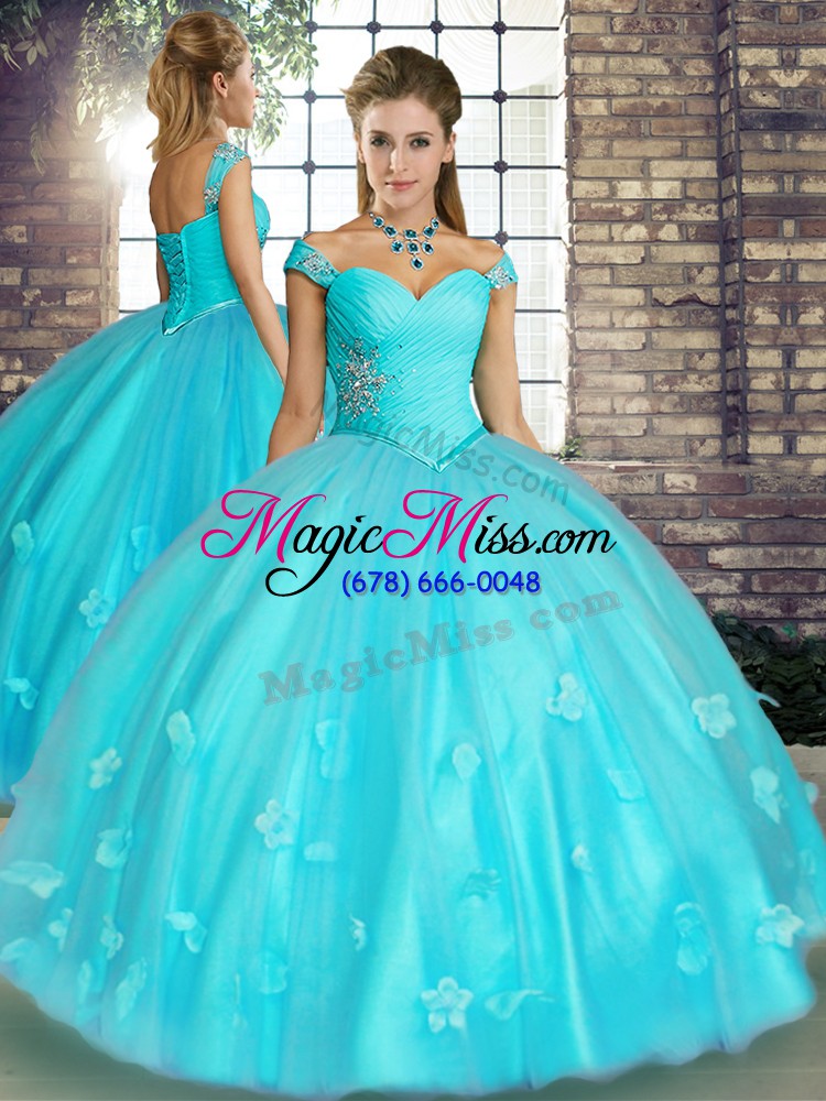 wholesale aqua blue ball gowns beading and appliques quince ball gowns lace up tulle sleeveless floor length