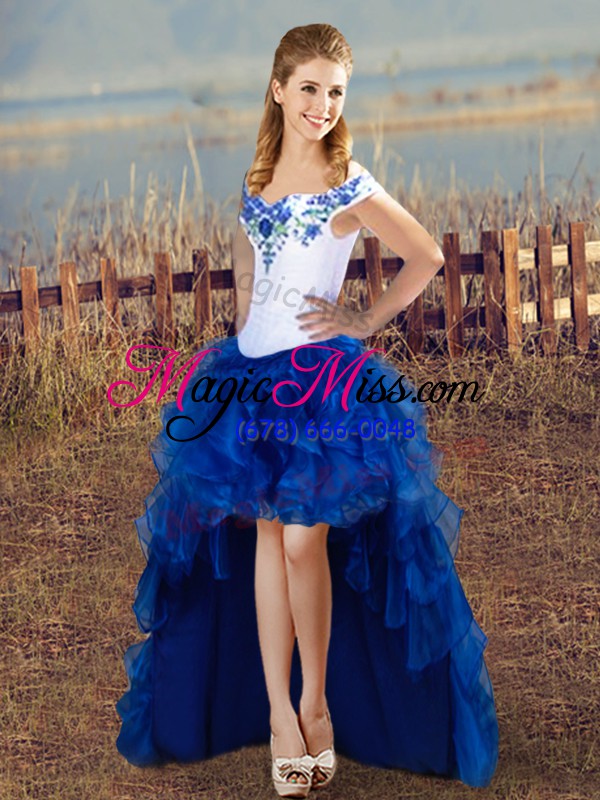 wholesale deluxe blue and white sleeveless satin and organza lace up 15th birthday dress for sweet 16 and quinceanera