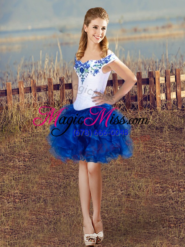 wholesale deluxe blue and white sleeveless satin and organza lace up 15th birthday dress for sweet 16 and quinceanera