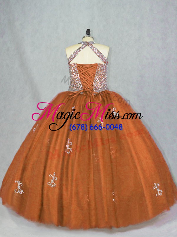 wholesale sleeveless floor length beading and appliques lace up quinceanera dress with brown