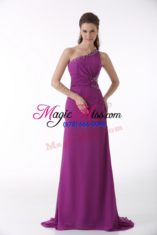 wholesale fuchsia column/sheath one shoulder sleeveless chiffon brush train backless beading and ruching dress for prom