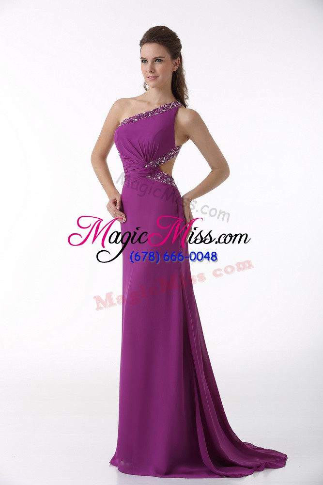 wholesale fuchsia column/sheath one shoulder sleeveless chiffon brush train backless beading and ruching dress for prom