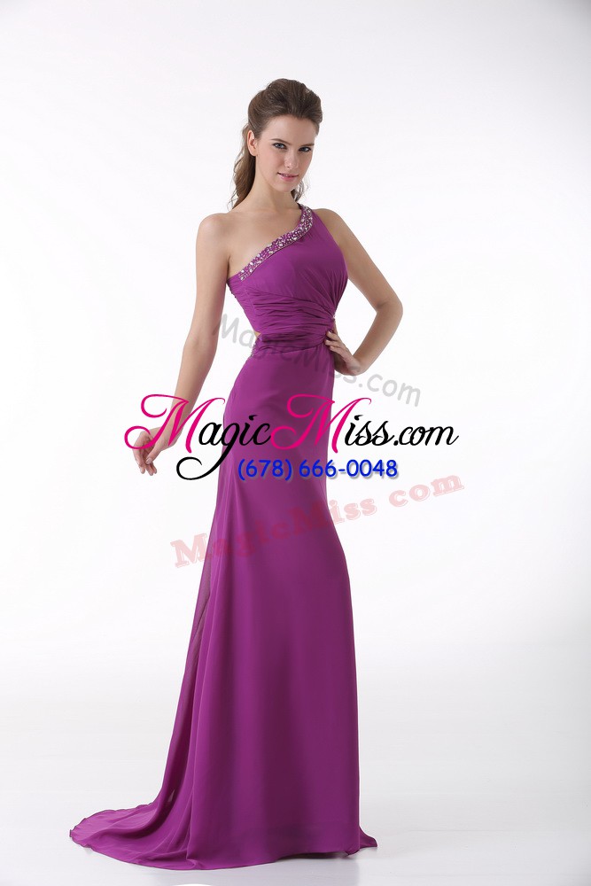 wholesale fuchsia column/sheath one shoulder sleeveless chiffon brush train backless beading and ruching dress for prom