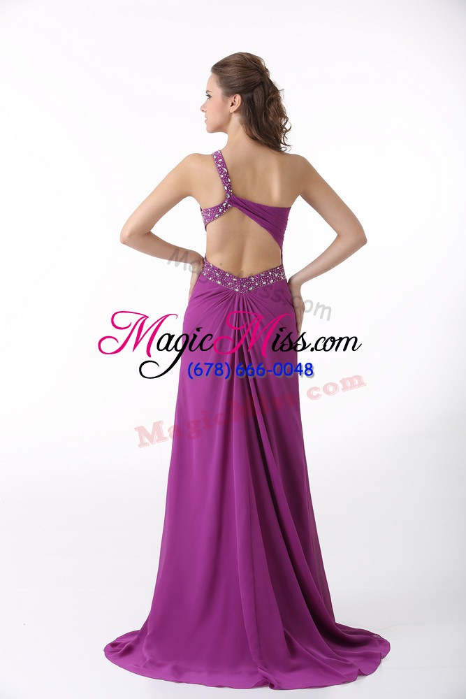 wholesale fuchsia column/sheath one shoulder sleeveless chiffon brush train backless beading and ruching dress for prom