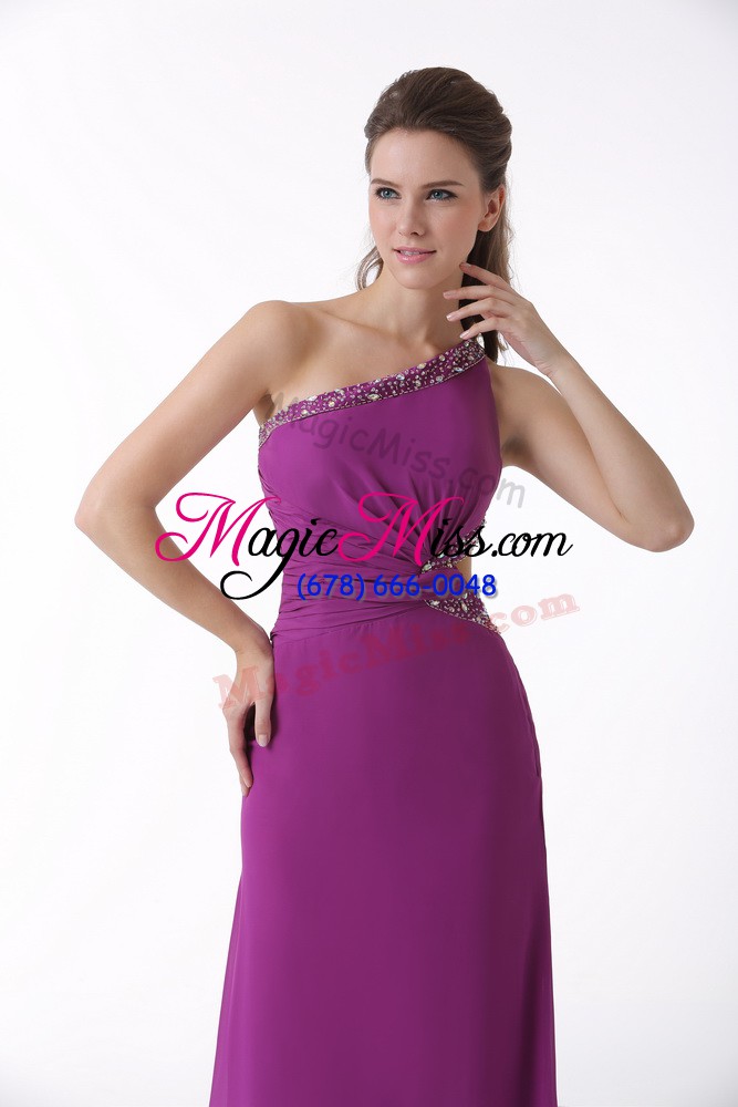 wholesale fuchsia column/sheath one shoulder sleeveless chiffon brush train backless beading and ruching dress for prom