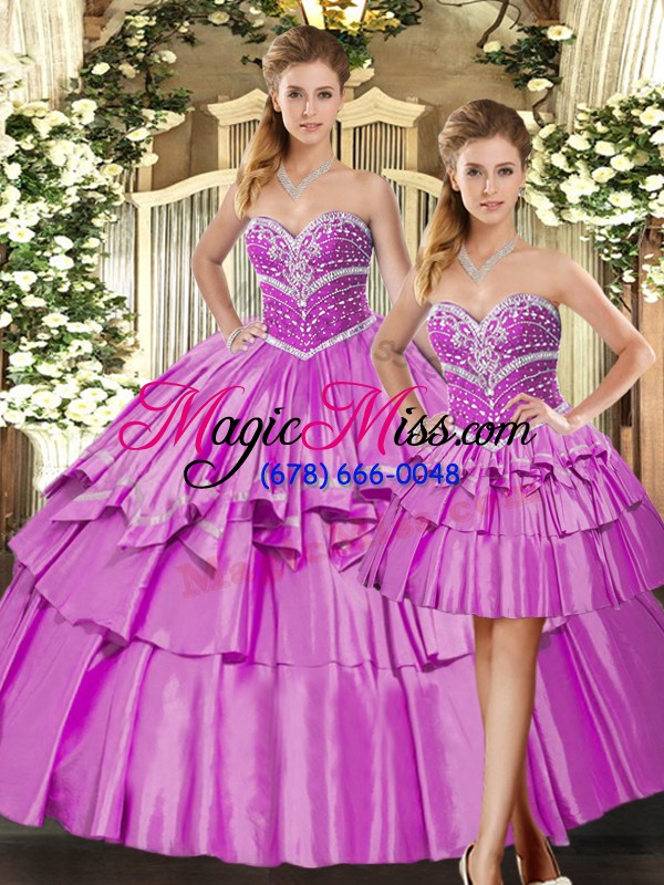 wholesale romantic floor length lilac sweet 16 dresses satin sleeveless beading and ruffled layers