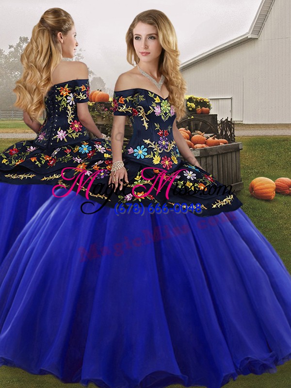 wholesale fashion sleeveless tulle floor length lace up sweet 16 dresses in royal blue with embroidery