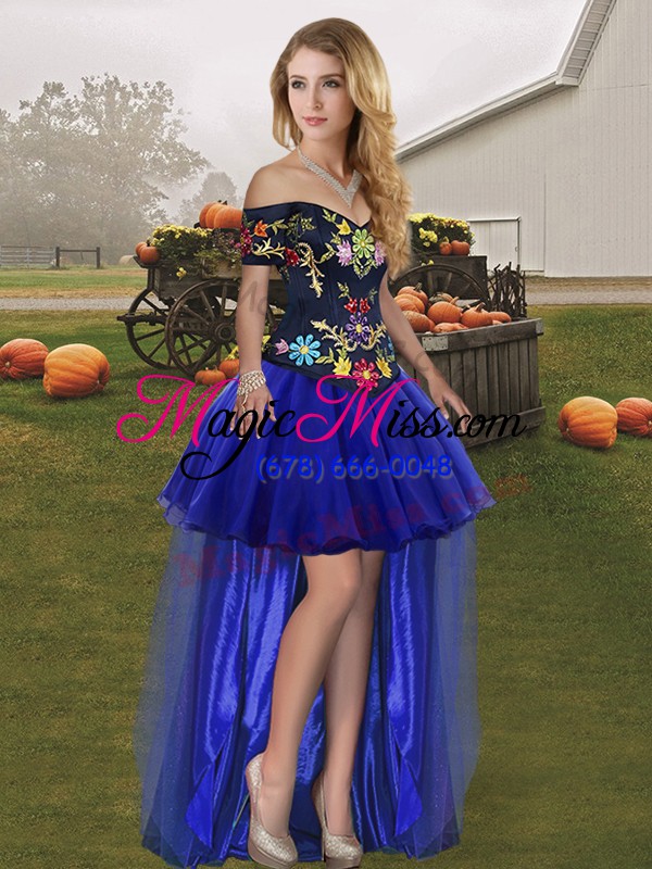 wholesale fashion sleeveless tulle floor length lace up sweet 16 dresses in royal blue with embroidery