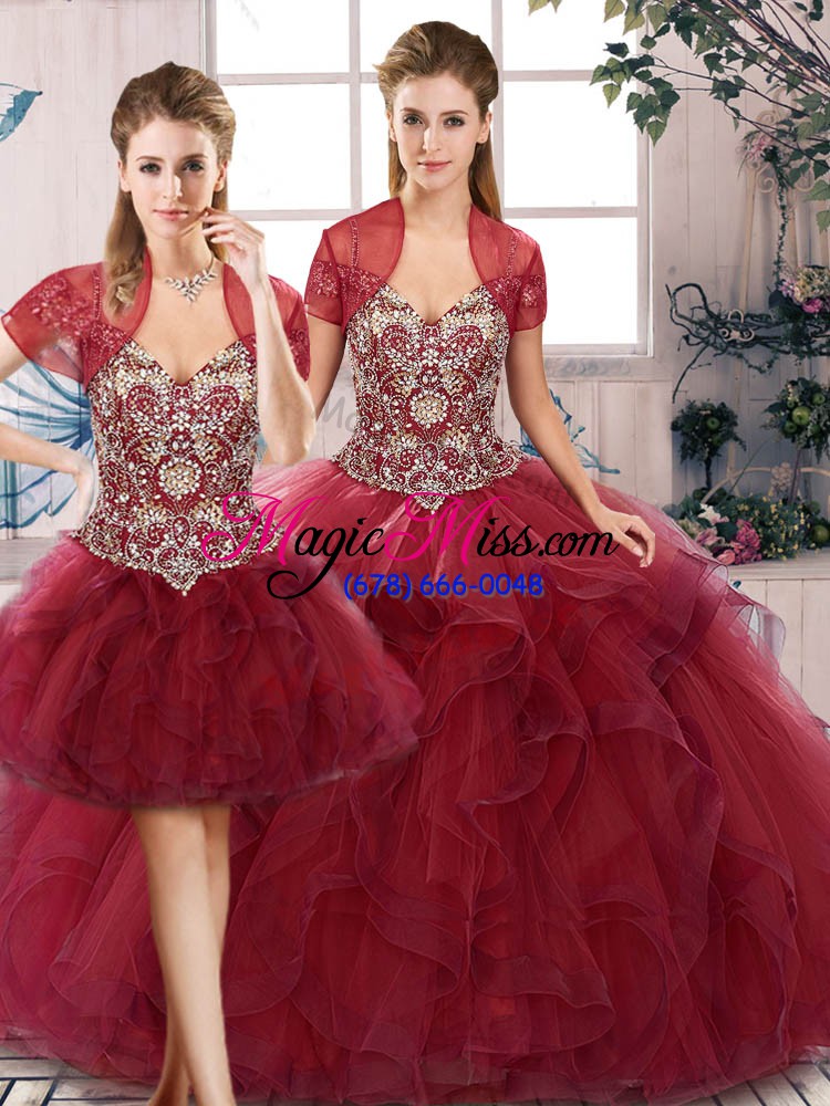 wholesale burgundy sleeveless beading and ruffles floor length 15th birthday dress