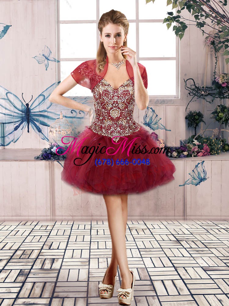 wholesale burgundy sleeveless beading and ruffles floor length 15th birthday dress