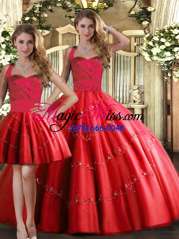 wholesale red lace up sweet 16 dresses appliques sleeveless floor length