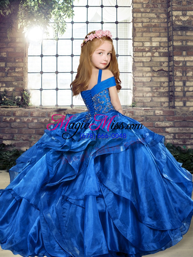 wholesale blue organza lace up pageant dress for womens sleeveless floor length beading and ruffles