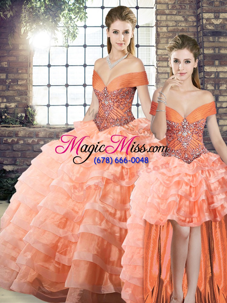 wholesale beading and ruffled layers quinceanera gown peach lace up sleeveless brush train