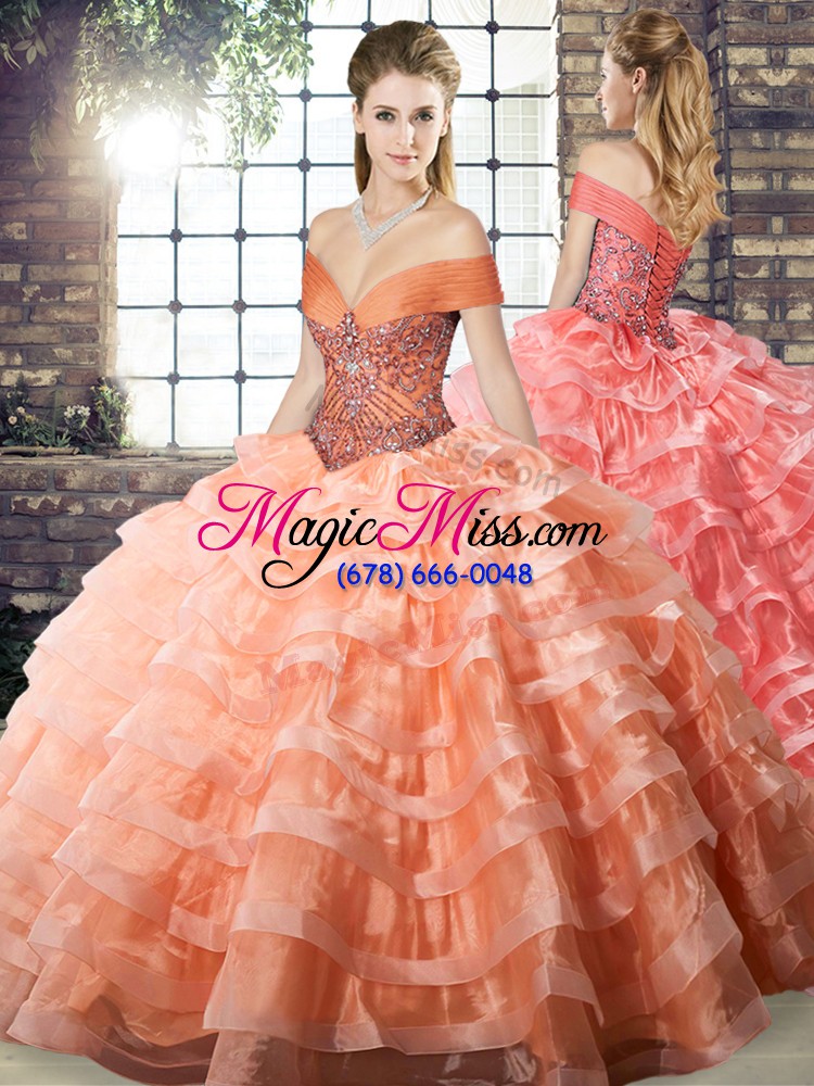 wholesale beading and ruffled layers quinceanera gown peach lace up sleeveless brush train