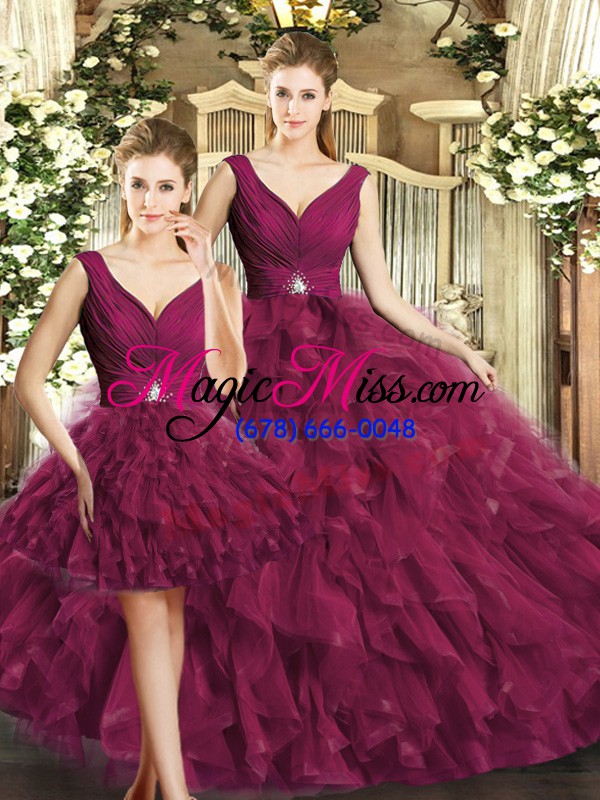 wholesale new style burgundy v-neck neckline beading and ruffles sweet 16 dresses sleeveless backless