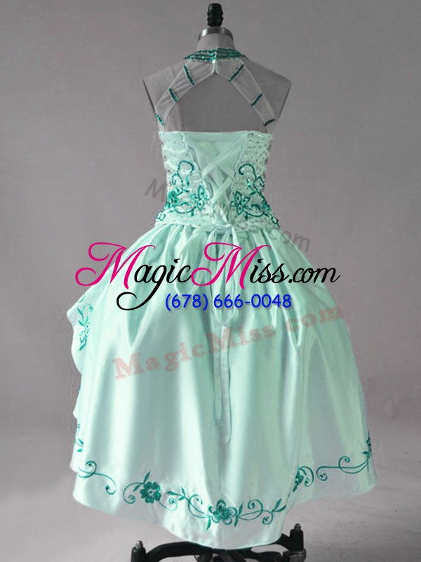 wholesale sumptuous sleeveless satin and organza high low lace up homecoming party dress in turquoise with embroidery and ruffles