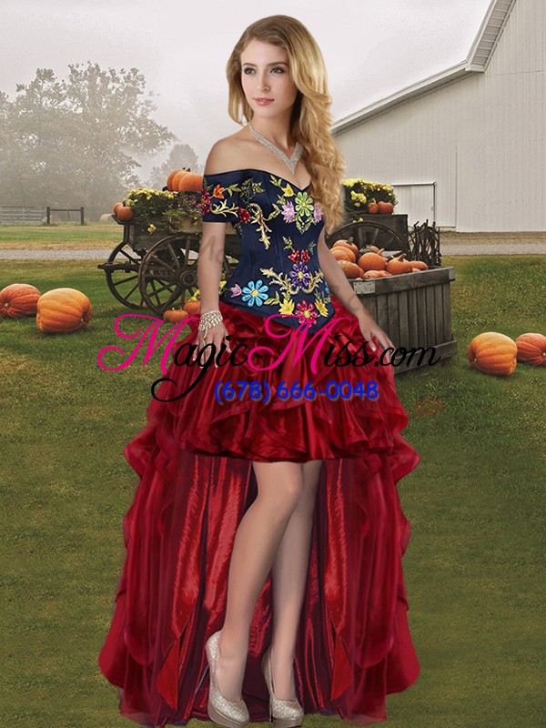 wholesale red and black organza lace up vestidos de quinceanera sleeveless floor length embroidery and ruffles