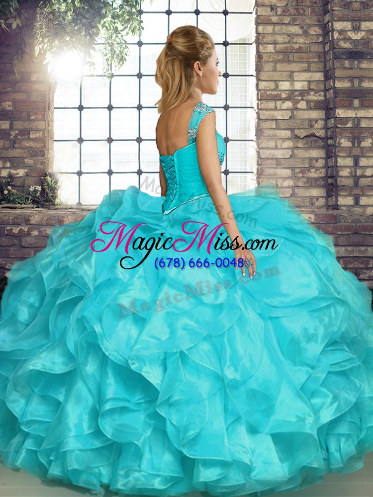 wholesale nice off the shoulder sleeveless quinceanera dress floor length beading and ruffles aqua blue organza