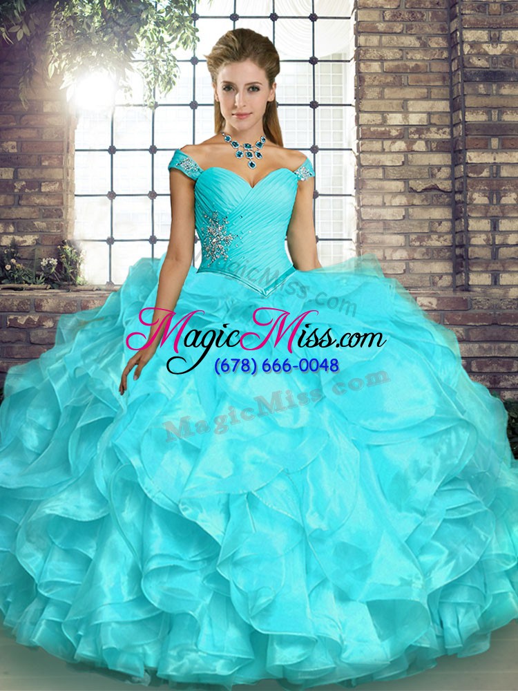 wholesale nice off the shoulder sleeveless quinceanera dress floor length beading and ruffles aqua blue organza