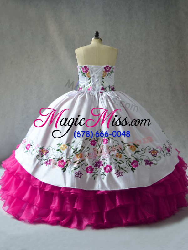 wholesale custom design fuchsia sleeveless embroidery and ruffled layers floor length quinceanera dress