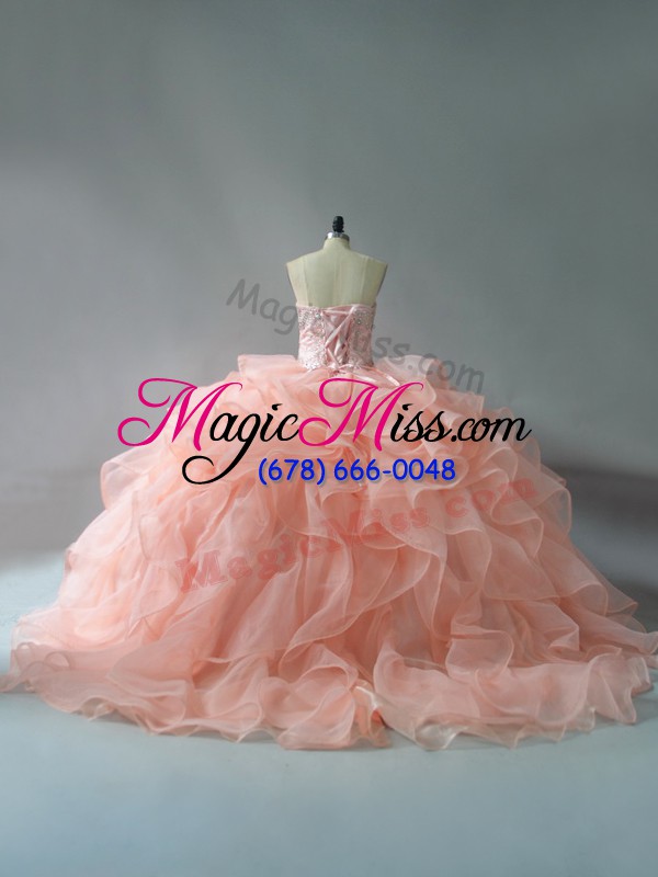 wholesale high end sleeveless brush train lace up beading and ruffles ball gown prom dress