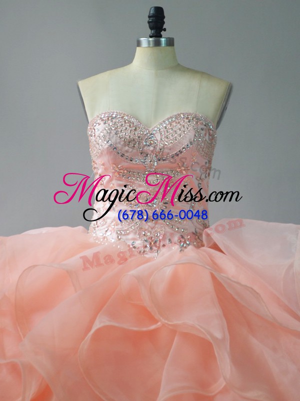 wholesale high end sleeveless brush train lace up beading and ruffles ball gown prom dress