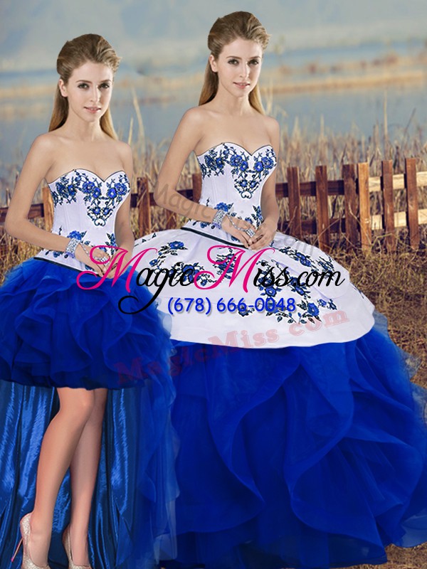 wholesale custom design royal blue lace up quinceanera gown embroidery and ruffles and bowknot sleeveless floor length