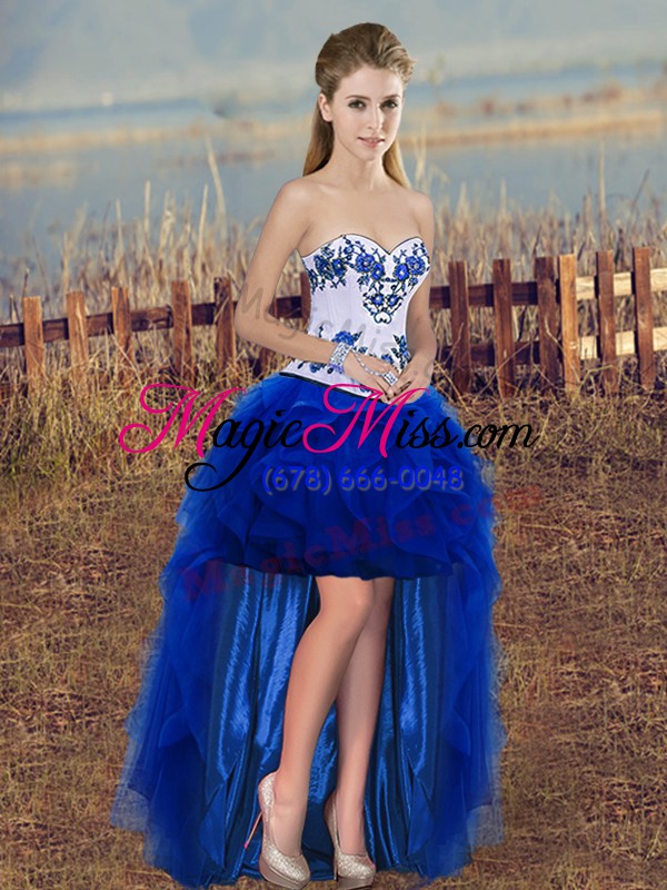 wholesale custom design royal blue lace up quinceanera gown embroidery and ruffles and bowknot sleeveless floor length