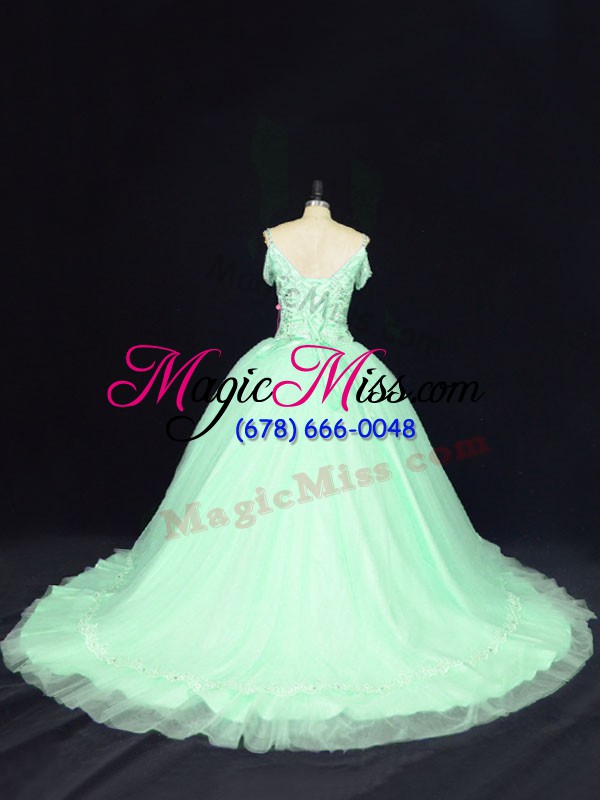 wholesale glorious off the shoulder sleeveless court train lace up sweet 16 dress apple green tulle