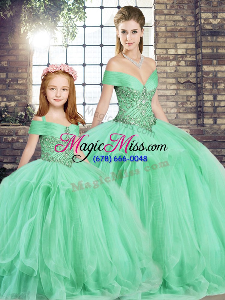 wholesale ball gowns quinceanera dress apple green off the shoulder tulle sleeveless floor length lace up