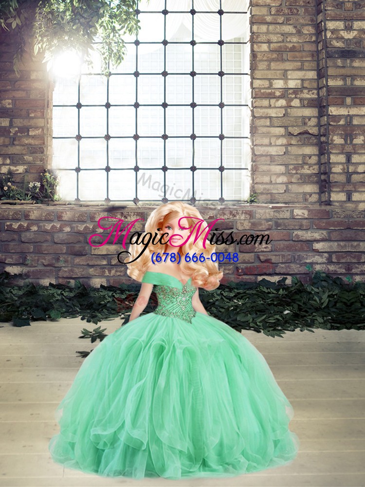 wholesale ball gowns quinceanera dress apple green off the shoulder tulle sleeveless floor length lace up