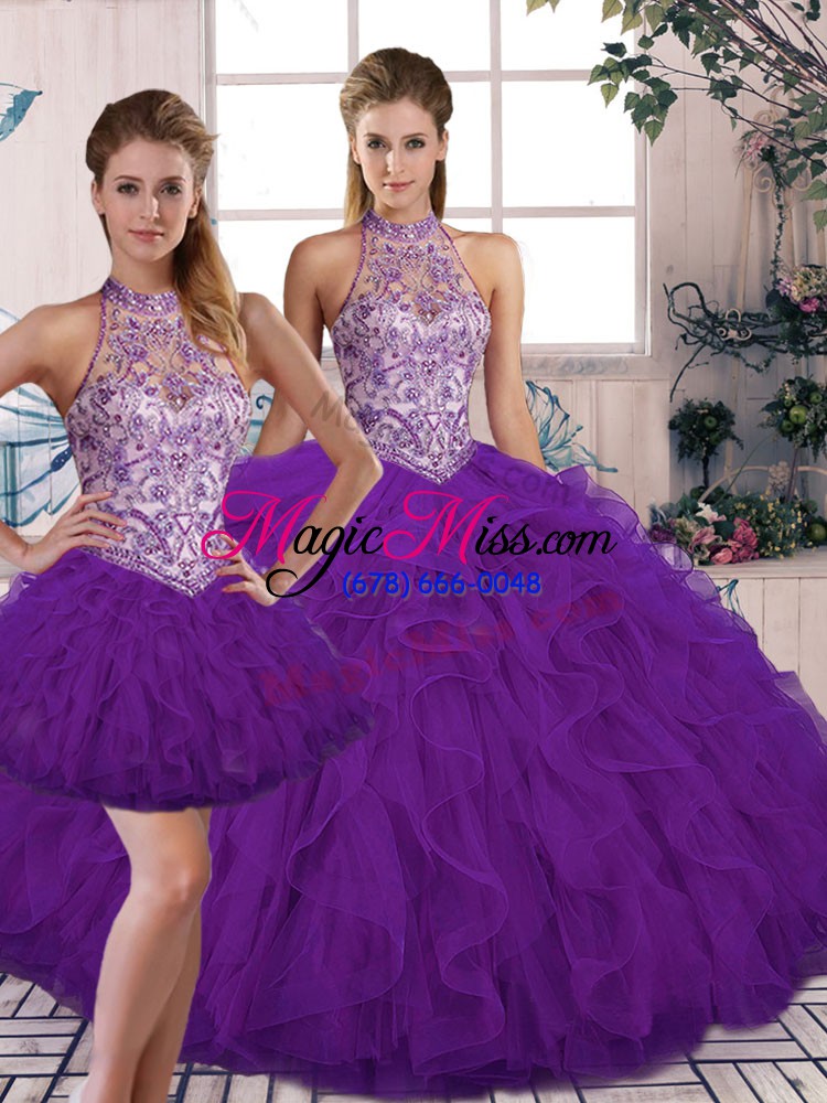 wholesale tulle halter top sleeveless lace up beading and ruffles quince ball gowns in purple