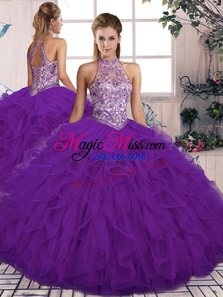 wholesale tulle halter top sleeveless lace up beading and ruffles quince ball gowns in purple