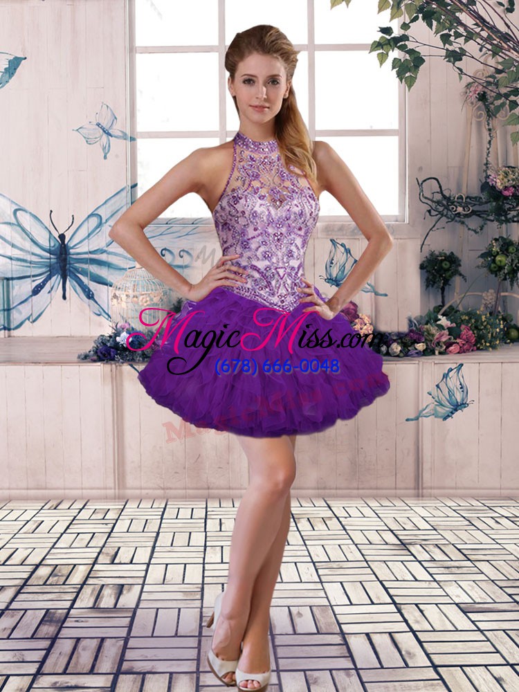 wholesale tulle halter top sleeveless lace up beading and ruffles quince ball gowns in purple