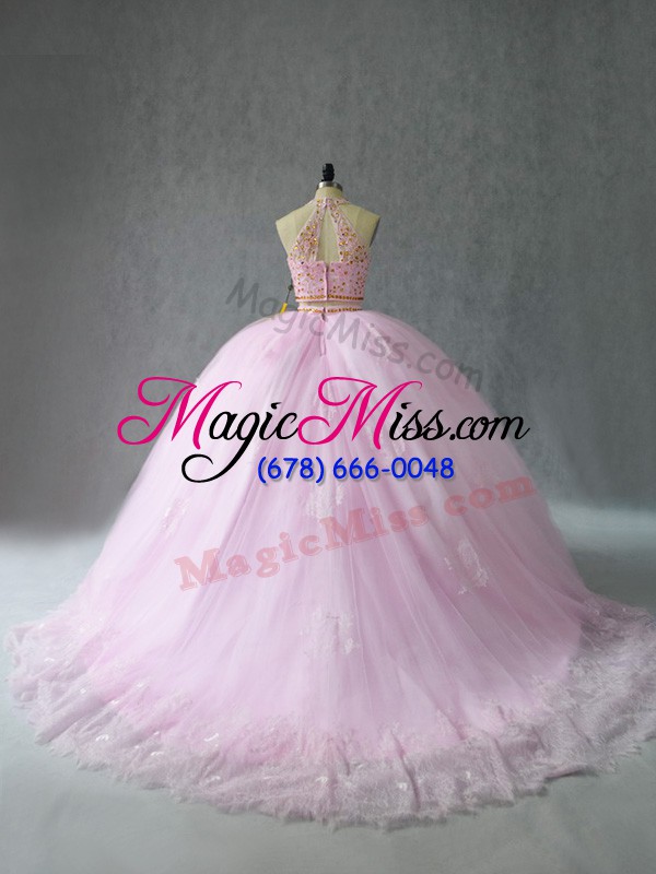 wholesale baby pink two pieces halter top sleeveless tulle court train zipper beading and appliques quinceanera dress