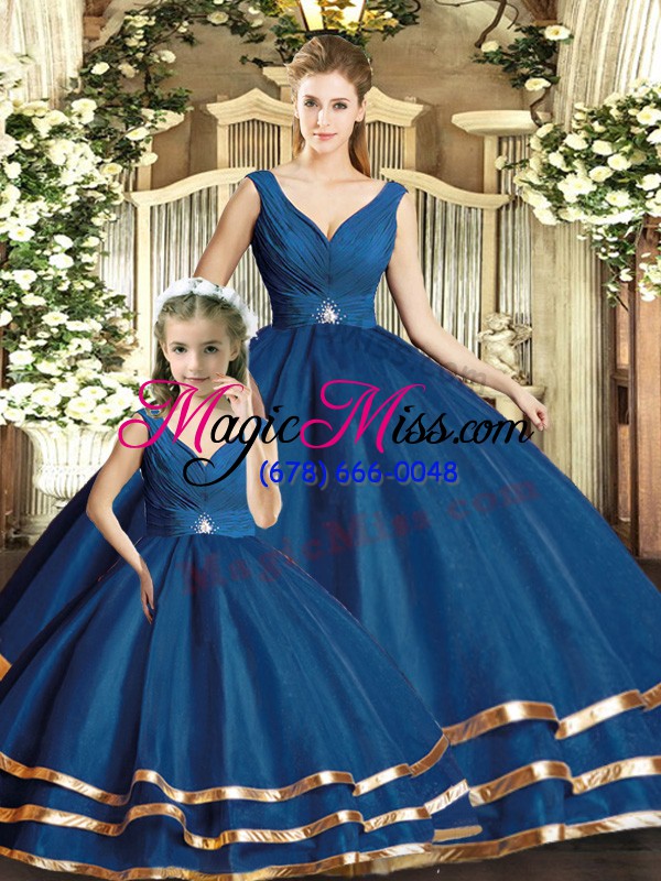 wholesale super v-neck sleeveless backless 15 quinceanera dress navy blue tulle