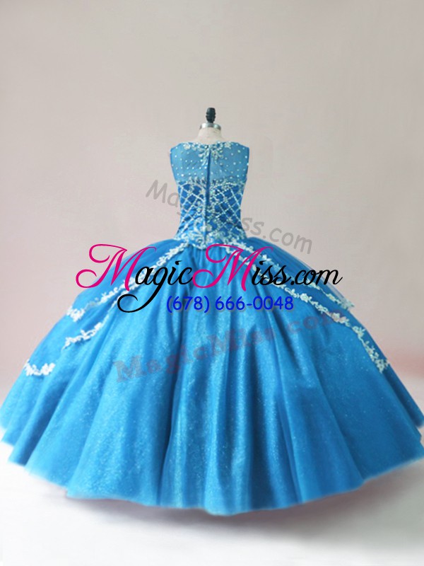 wholesale ideal sleeveless floor length beading and appliques lace up ball gown prom dress with blue