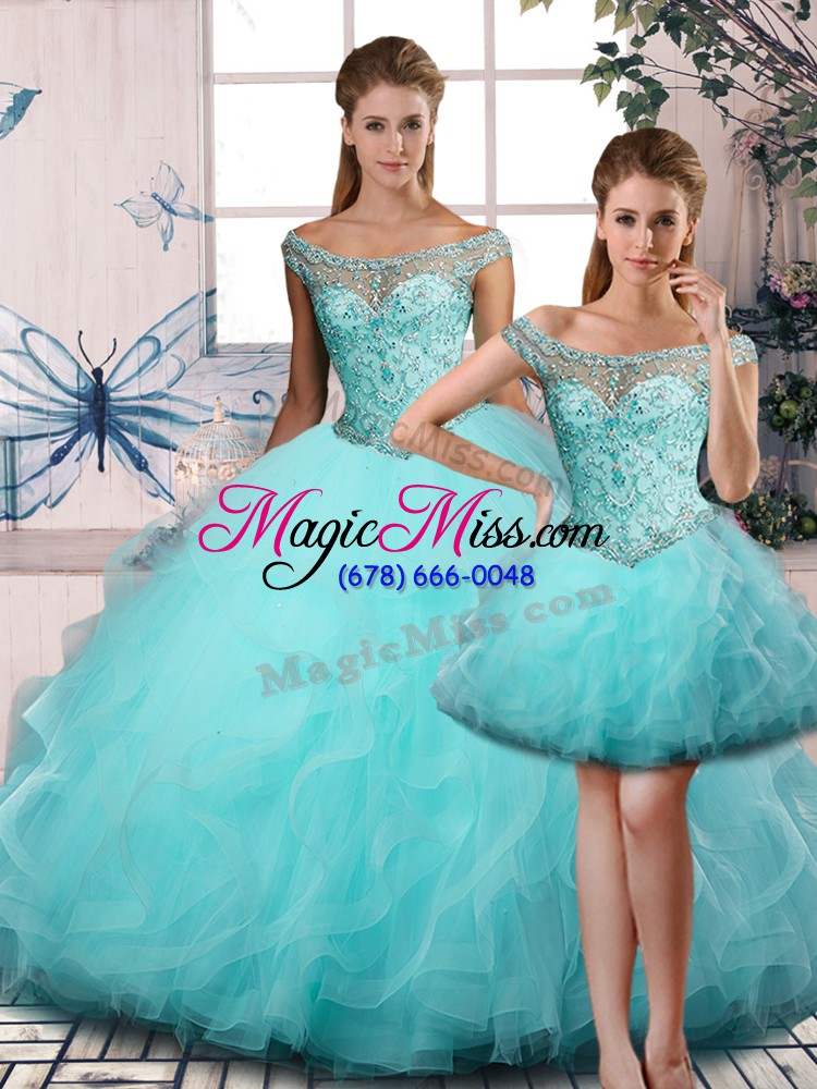 wholesale vintage aqua blue tulle lace up quinceanera dresses sleeveless beading and ruffles